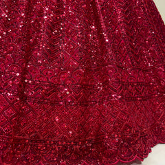 Deep red sequin handwork lehenga skirt with flared, tiered hem