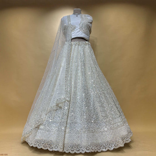 Jazzagals - Beads & Pearls Handwork Off White Reception Lehenga