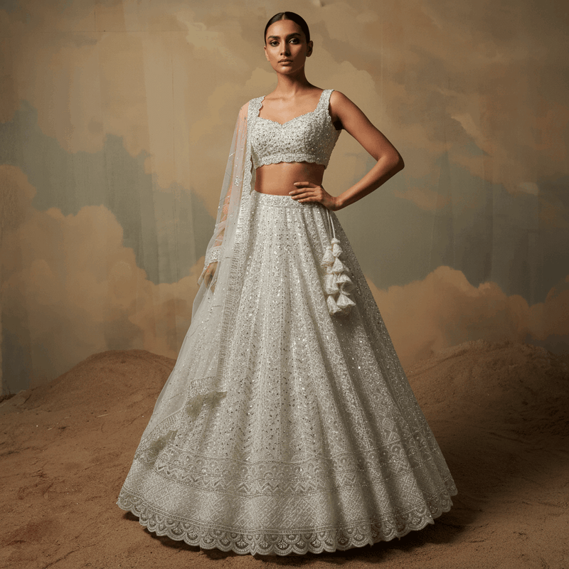 Jazzagals - Beads & Pearls Handwork Off White Reception Lehenga