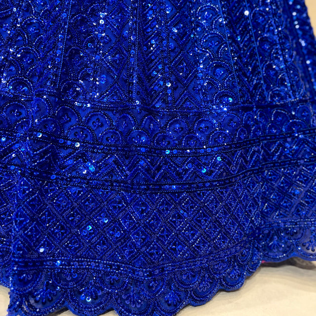 Royal blue embellished lehenga skirt with patterned beadwork hem