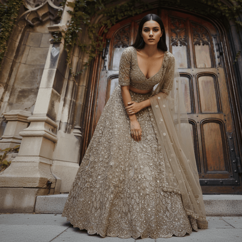 Champagne gold embroidered lehenga choli with V-neck blouse and sheer dupatta drape