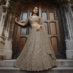 Champagne gold embroidered lehenga choli with sheer dupatta, elbow-length sleeves