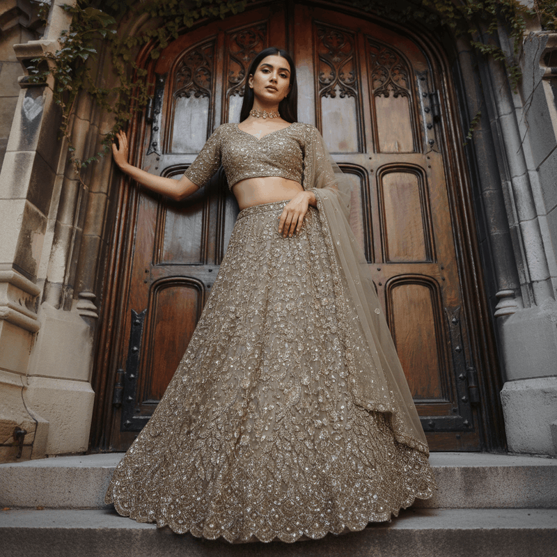 Champagne gold embroidered lehenga choli with sheer dupatta, elbow-length sleeves