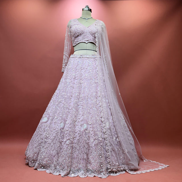 Lilac pink handworked designer lehenga choli set with matching dupatta