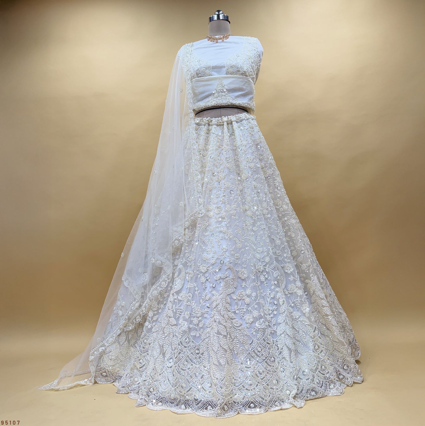 Jazzagals - Peacocks Handworked Designer Off White Lehenga Choli