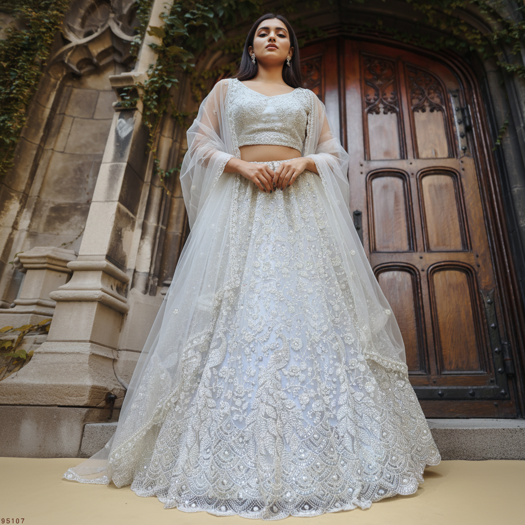 Jazzagals - Peacocks Handworked Designer Off White Lehenga Choli