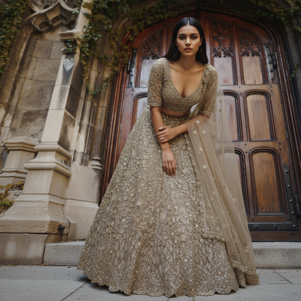 Jazzagals - Peacocks Handworked Designer Champagne Gold Lehenga Choli