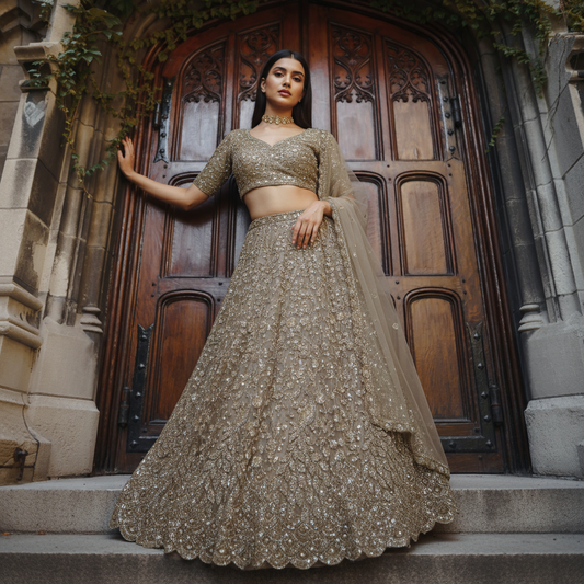 Jazzagals - Peacocks Handworked Designer Champagne Gold Lehenga Choli
