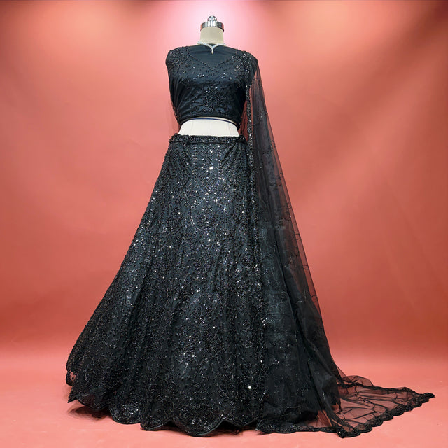 Black designer lehenga choli set with cutdana beaded work and embroidered skirt