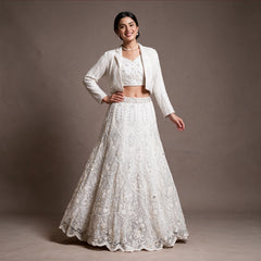 White net lehenga with beaded cropped jacket and handwork blouse, Indo-Western look, worn