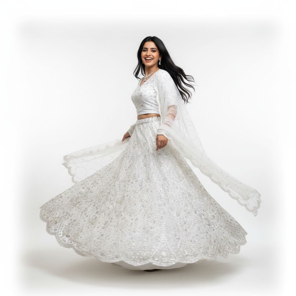 Jazzagals - White Monotone Cutdana Beads Handwork Partywear Lehenga Set