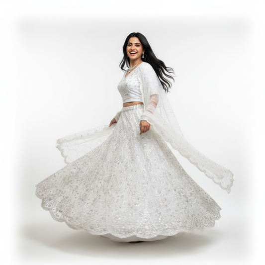 Jazzagals - White Monotone Cutdana Beads Handwork Partywear Lehenga Set
