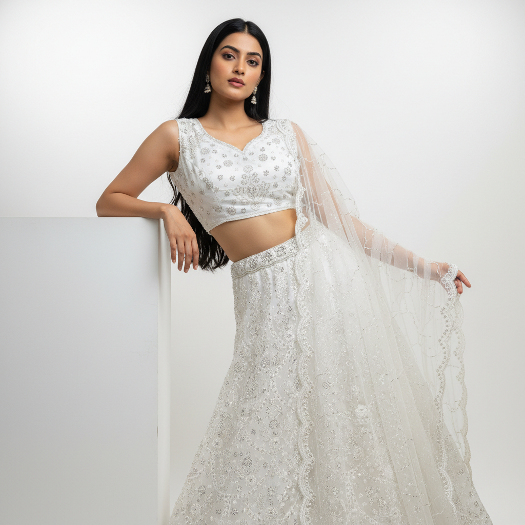 Jazzagals - White Monotone Cutdana Beads Handwork Partywear Lehenga Set