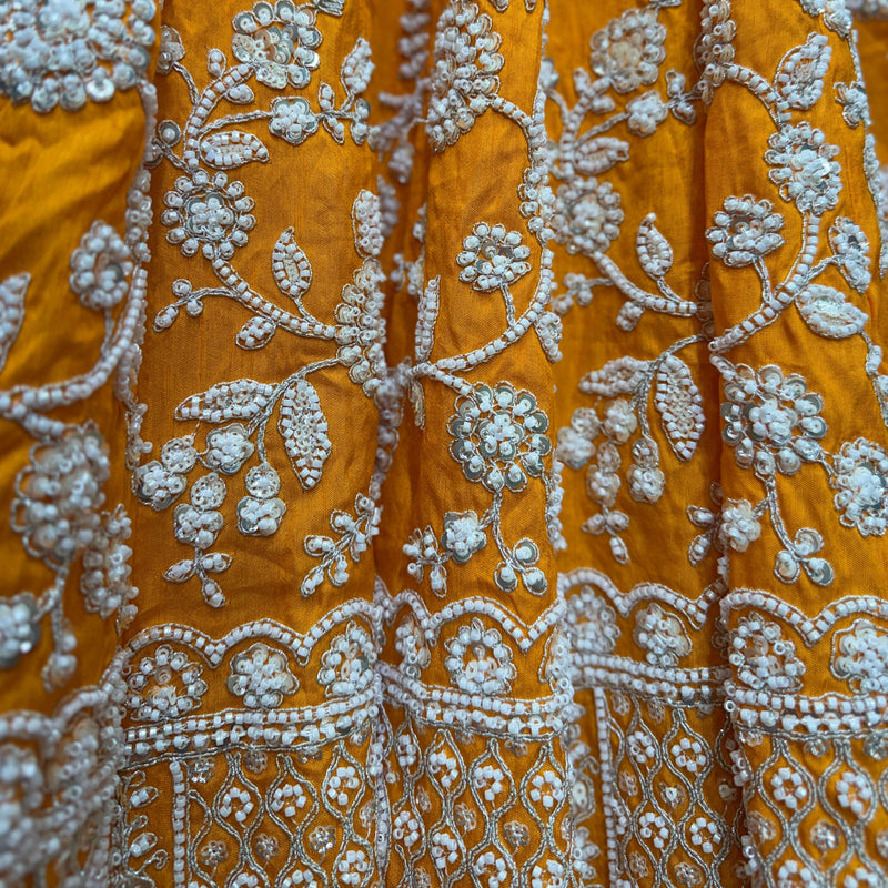 Orange fabric with dense silver floral and border embroidery