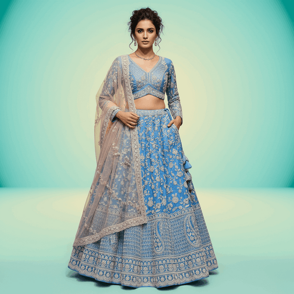 Royalty - Viscose Silk Azure Blue Designer Lehenga w/h Full Sleeve Blouse