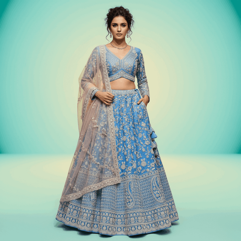 Royalty - Viscose Silk Azure Blue Designer Lehenga w/h Full Sleeve Blouse