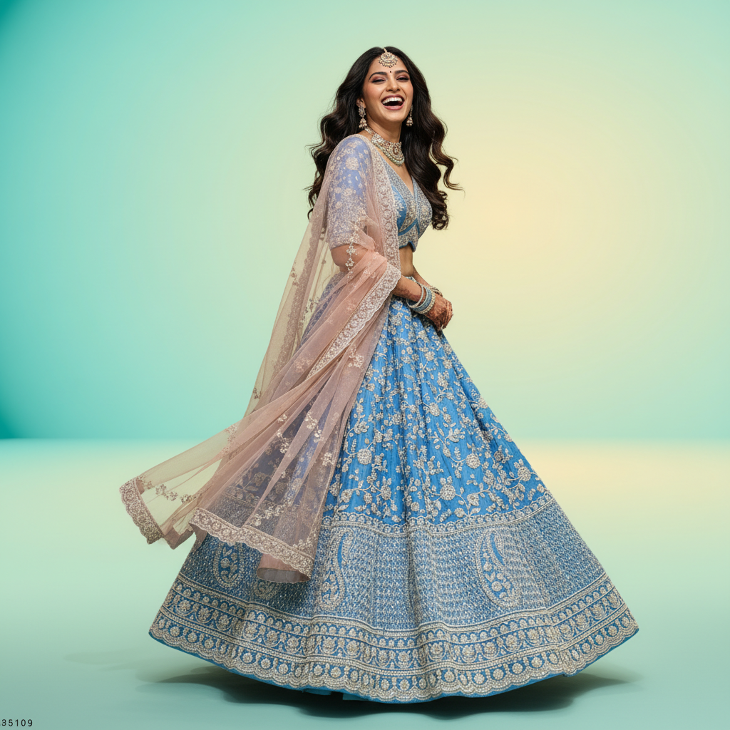 Royalty - Viscose Silk Azure Blue Designer Lehenga w/h Full Sleeve Blouse