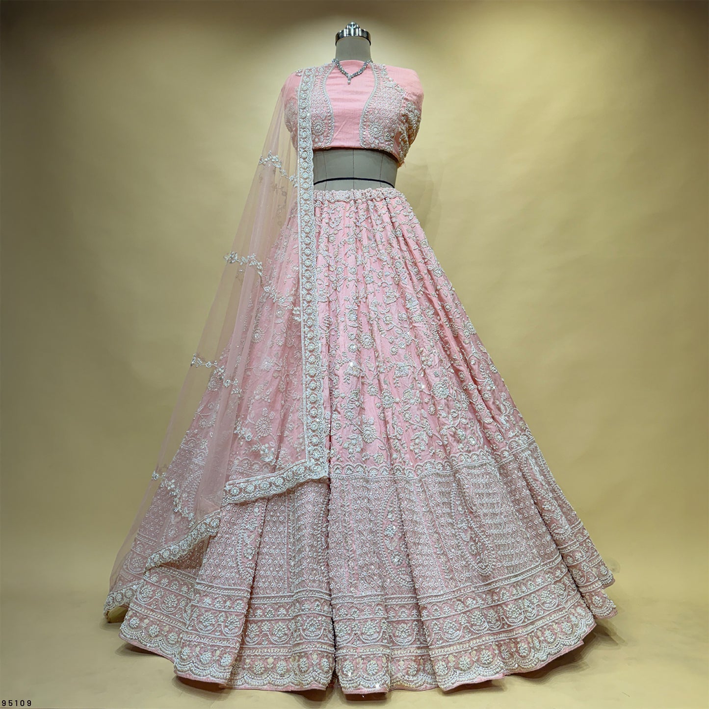 Royalty - Viscose Silk Soft Pink Designer Lehenga w/h Full Sleeve Blouse