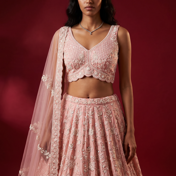 Royalty - Viscose Silk Soft Pink Designer Lehenga w/h Full Sleeve Blouse