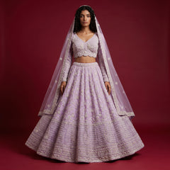 Lavender lehenga with V-neck blouse and embroidered dupatta, full flared skirt