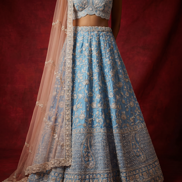 Blue flared lehenga skirt with gold patterned border, paired with sheer dupatta
