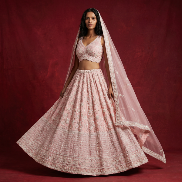 Royalty - Viscose Silk Soft Pink Designer Lehenga w/h Full Sleeve Blouse