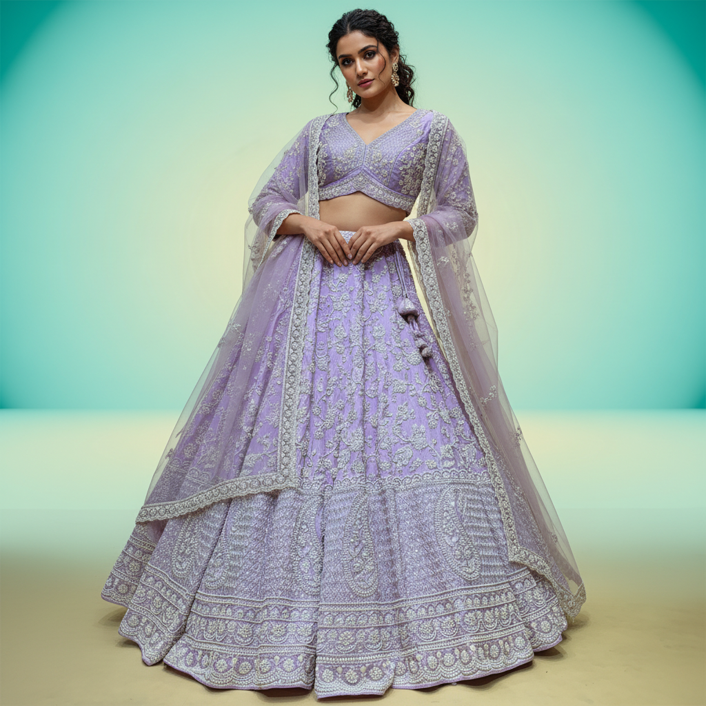 Royalty - Viscose Silk Lavender Designer Lehenga w/h Full Sleeve Blouse