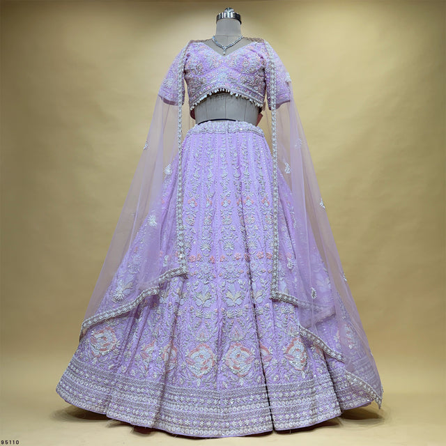 Lavender lehenga skirt with beaded motifs and wide hem, plus sheer dupatta