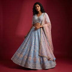 Blue embroidered lehenga with cropped blouse and sheer matching dupatta