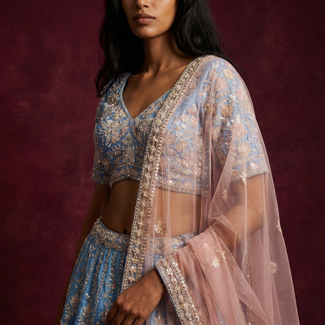 Blue and gold embroidered lehenga blouse with sheer pink sleeve overlay and matching dupatta