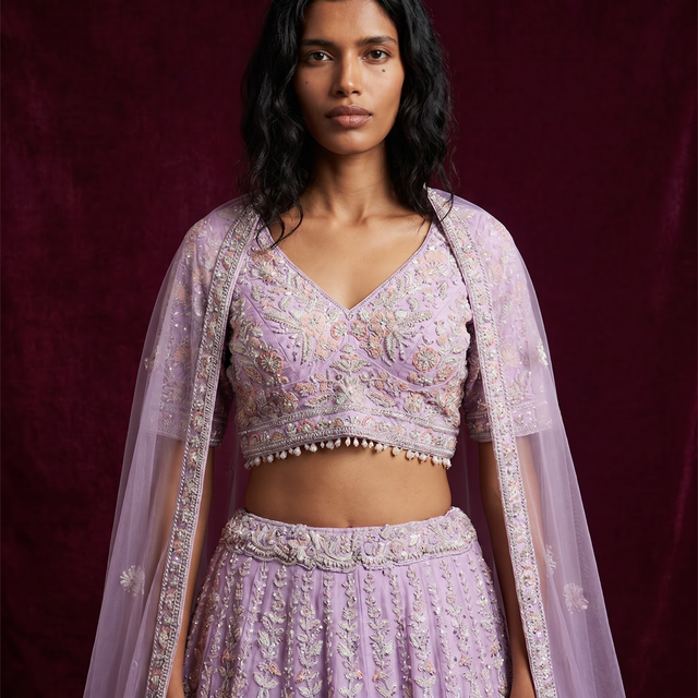 Lavender embroidered lehenga blouse with sheer sleeves and matching skirt, with dupatta