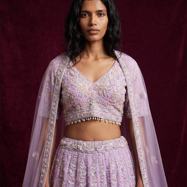 Lavender embroidered lehenga set with dupatta, pearl cutdana work