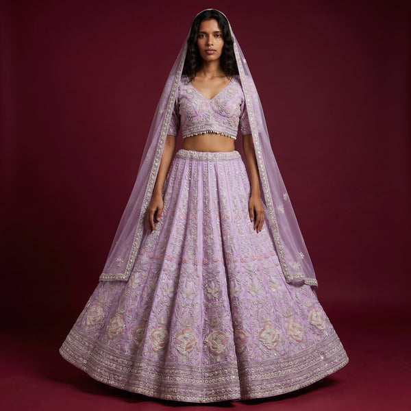 Lavender lehenga set with embroidered blouse and flared skirt with dupatta