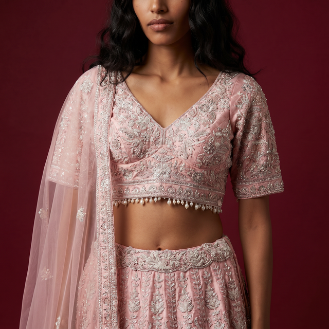 Pink embroidered crop blouse with pearl trim, matching skirt, and sheer dupatta