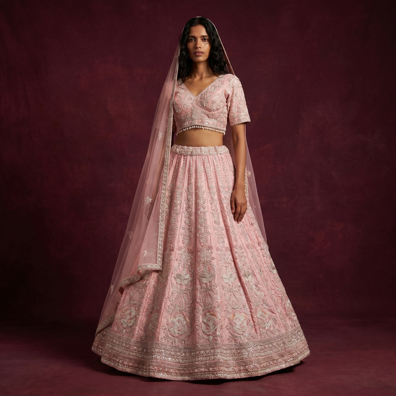 Pink viscose lehenga set with beaded V-neck blouse, pleated skirt and sheer dupatta