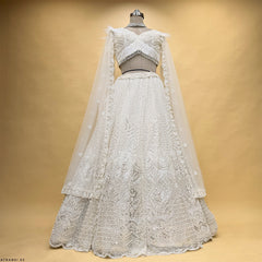 Pearl white sheer cape dupatta with beadwork and scalloped embroidered hem