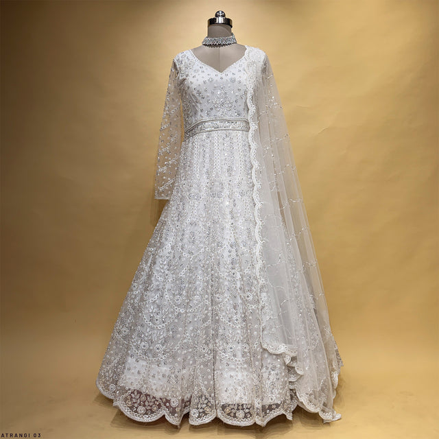 Pearl white embellished party gown, V-neck with lace trim and sheer cape sleeves