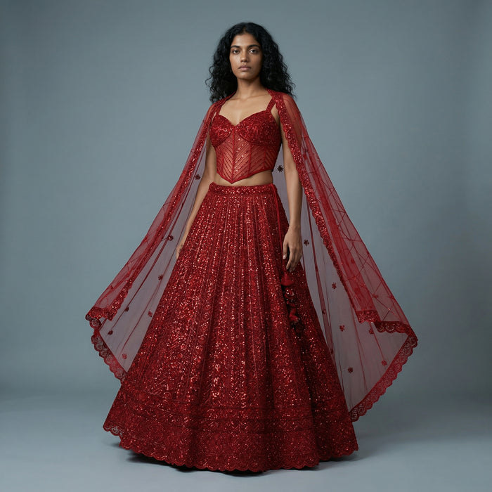 Celestial Collection: Deep Red Handwork Lehenga with Corset Blouse