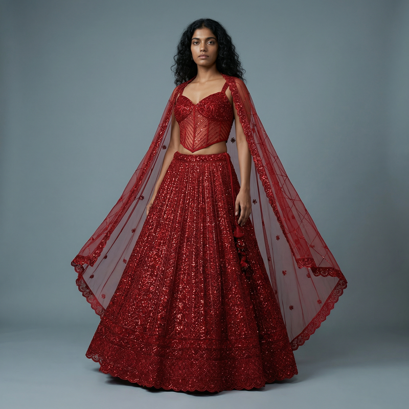 Celestial Collection: Deep Red Handwork Lehenga with Corset Blouse