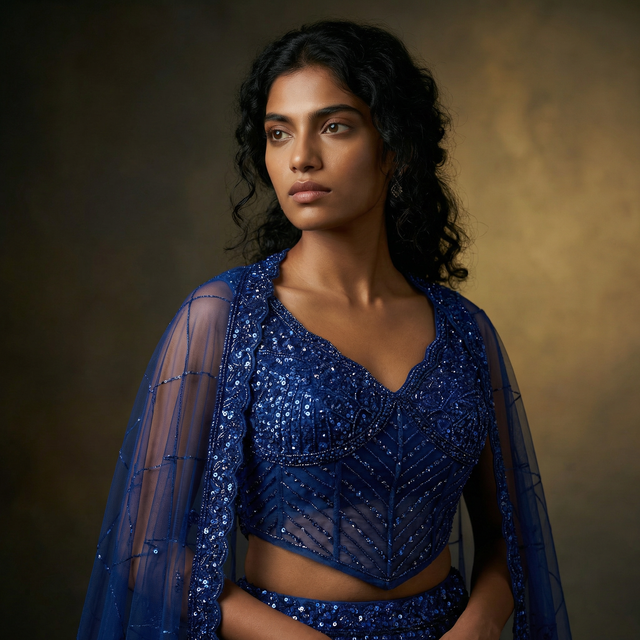 Royal blue sequin corset blouse with V neckline and sheer embroidered sleeves