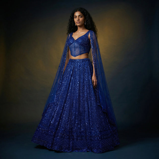 Royal blue handwork lehenga set with corset blouse, flared skirt, embroidered sleeves