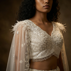 Celestial Collection: Off White Handwork Reception Net Lehenga with Cape Style Sleeves