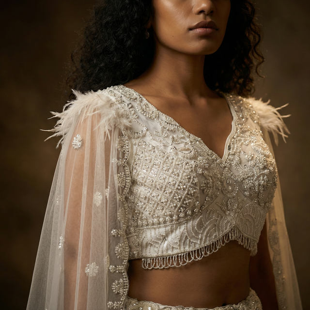 Off-white net lehenga blouse with cape sleeves and feather trim