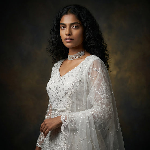 Pearl white embellished party gown with V-neck, sheer lace sleeves and long skirt