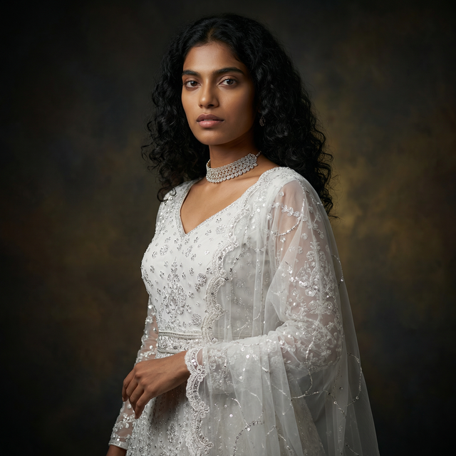 Pearl white V-neck gown with beaded bodice, lace cuffs, and sheer overlay sleeves