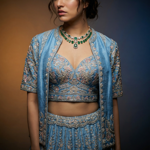 Sky-blue embroidered jacket blouse with deep V neckline and matching skirt panel