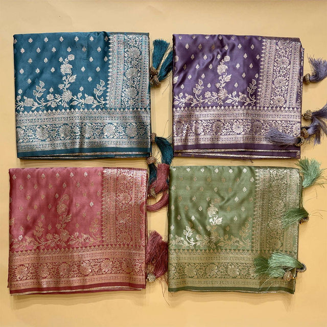 Assorted satin silk saree swatches with zari borders and floral motifs in teal, purple, maroon, green