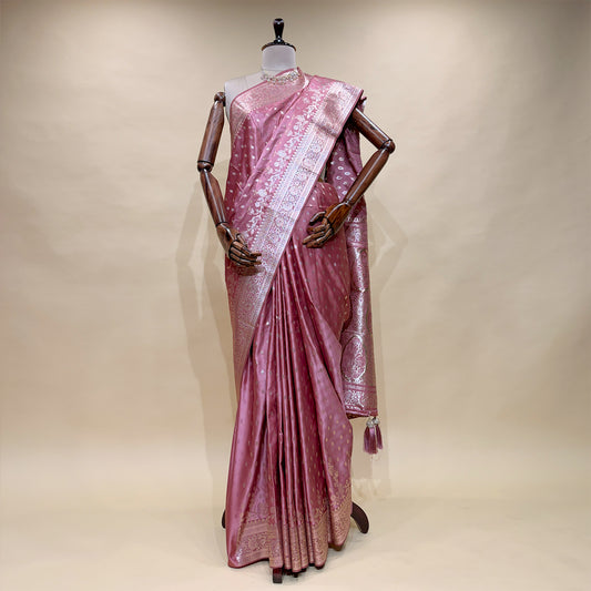 Soft Satin Silk Saree With Zari Border Pallu in Floral Design with Blouse