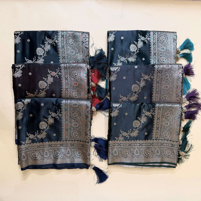 Navy satin silk saree pair with silver zari motifs and border, decorative multicolor tassels