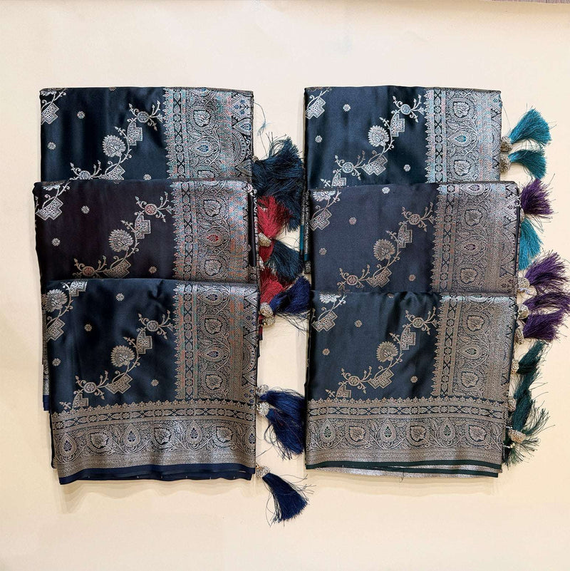 Navy satin silk saree pair with silver zari motifs and border, decorative multicolor tassels